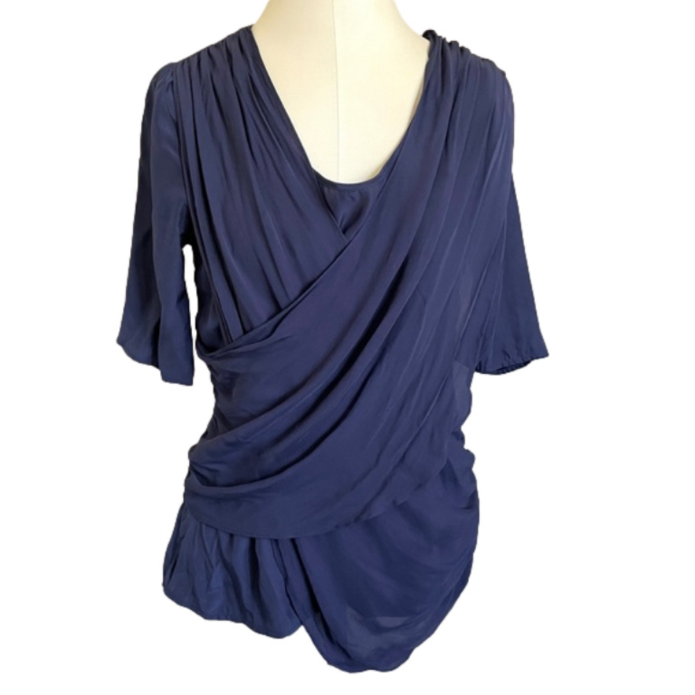Blue Crisscross Drape Front Short Sleeve Silk Blouse - S - Picture 3 of 9